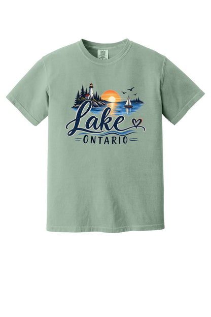 Lake Ontario lighthouse sunset sailboat graphic tee, Lake America protest shirt, DTF printed on Comfort Colors 1717 in Bay