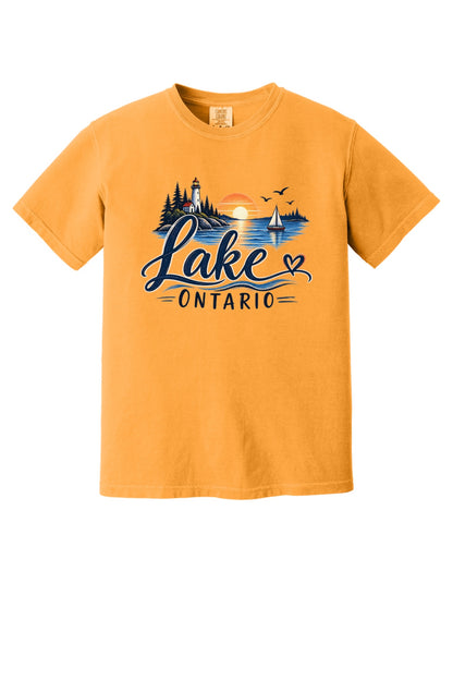 Lake Ontario lighthouse sunset sailboat graphic tee, Lake America protest shirt, DTF printed on Comfort Colors 1717 in Bright Orange