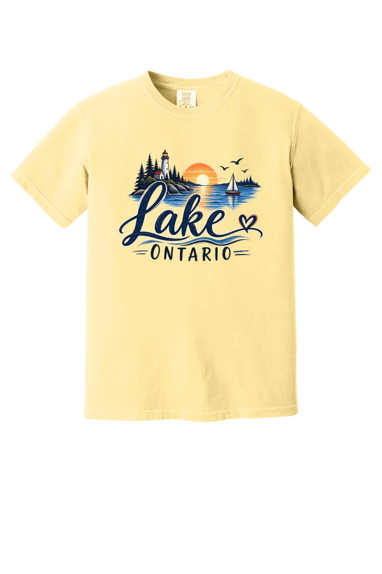 Lake Ontario lighthouse sunset sailboat graphic tee, Lake America protest shirt, DTF printed on Comfort Colors 1717 in Butter