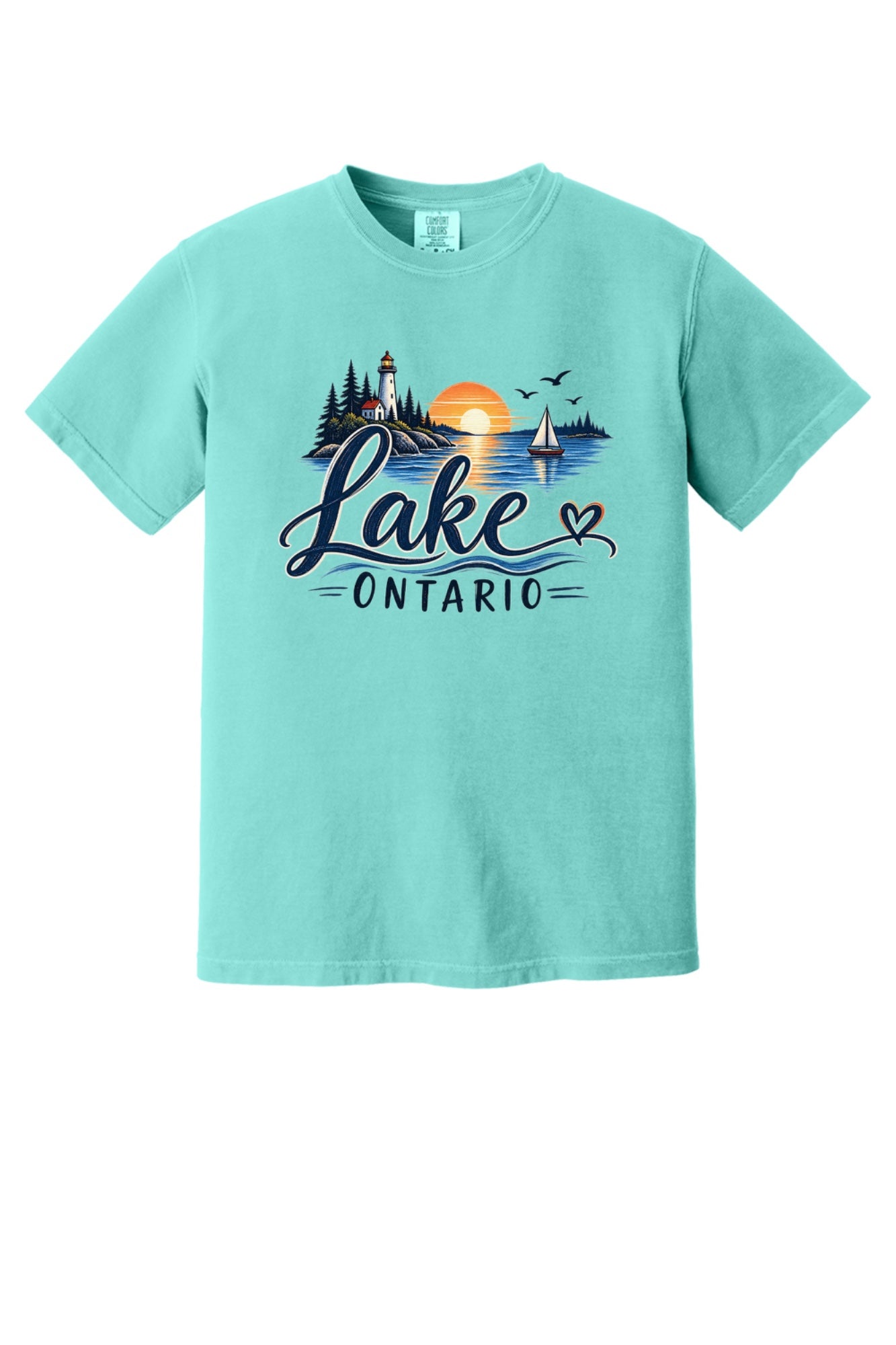 Lake Ontario lighthouse sunset sailboat graphic tee, Lake America protest shirt, DTF printed on Comfort Colors 1717 in Chalky Mint