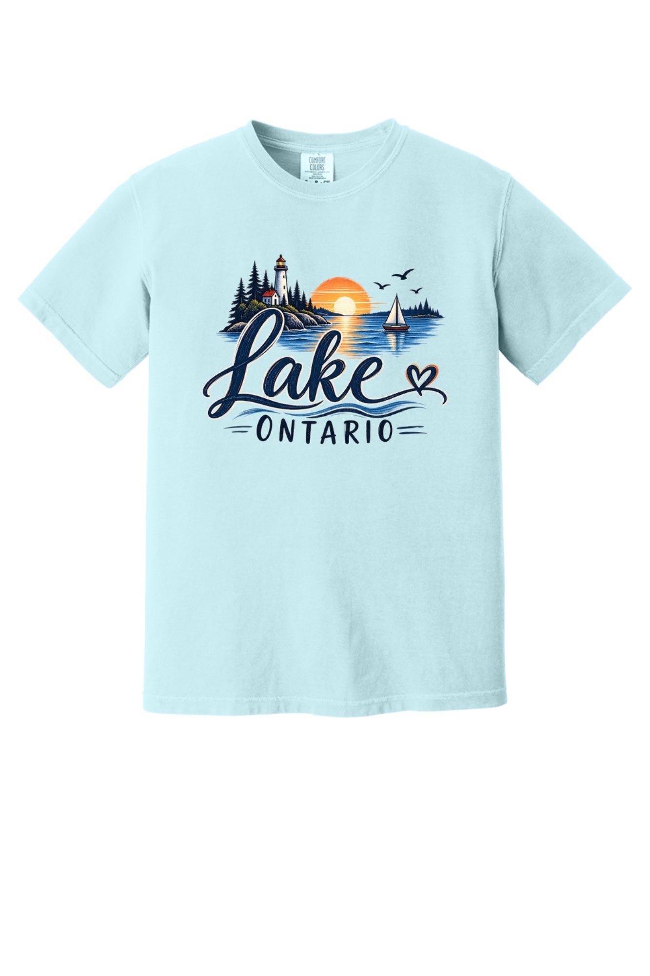 Lake Ontario lighthouse sunset sailboat graphic tee, Lake America protest shirt, DTF printed on Comfort Colors 1717 in Chambray
