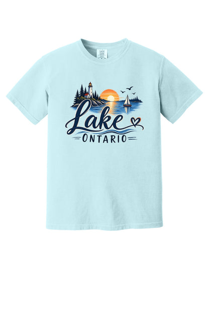 Lake Ontario lighthouse sunset sailboat graphic tee, Lake America protest shirt, DTF printed on Comfort Colors 1717 in Chambray