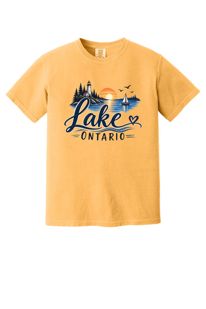 Lake Ontario lighthouse sunset sailboat graphic tee, Lake America protest shirt, DTF printed on Comfort Colors 1717 in Citrus