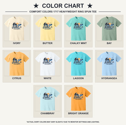 Lake Ontario lighthouse sunset sailboat graphic tee, Lake America protest shirt, DTF printed on Comfort Colors 1717 - available shirt colors chart