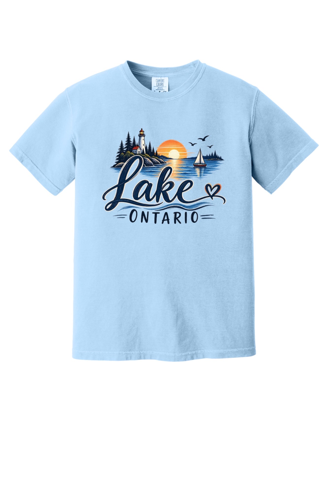Lake Ontario lighthouse sunset sailboat graphic tee, Lake America protest shirt, DTF printed on Comfort Colors 1717 in Hydrangea