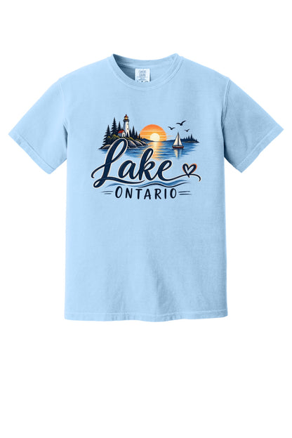 Lake Ontario lighthouse sunset sailboat graphic tee, Lake America protest shirt, DTF printed on Comfort Colors 1717 in Hydrangea