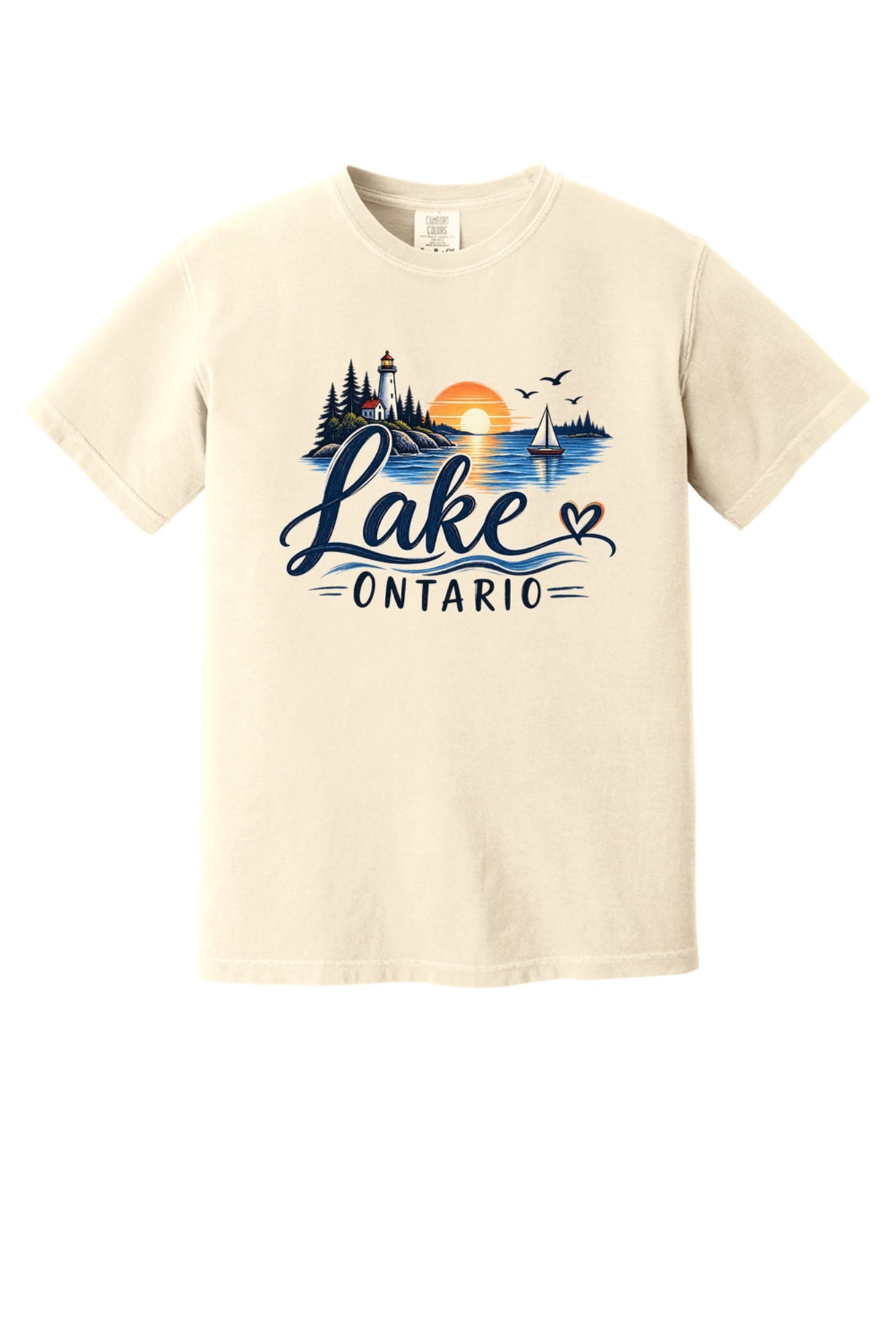 Lake Ontario lighthouse sunset sailboat graphic tee, Lake America protest shirt, DTF printed on Comfort Colors 1717 in Ivory