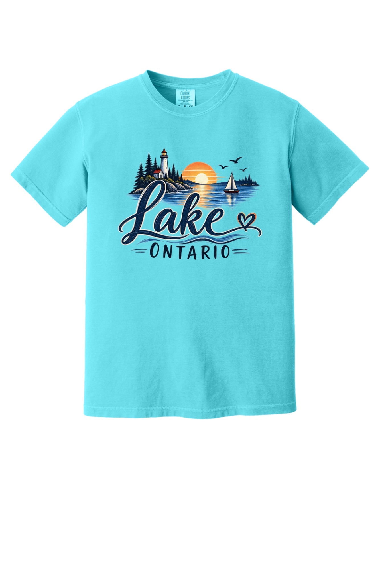 Lake Ontario lighthouse sunset sailboat graphic tee, Lake America protest shirt, DTF printed on Comfort Colors 1717 in Lagoon