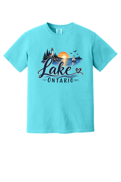 Lake Ontario lighthouse sunset sailboat graphic tee, Lake America protest shirt, DTF printed on Comfort Colors 1717 in Lagoon