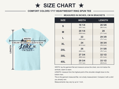 Lake Ontario lighthouse sunset sailboat graphic tee, Lake America protest shirt, DTF printed on Comfort Colors 1717 - size chart