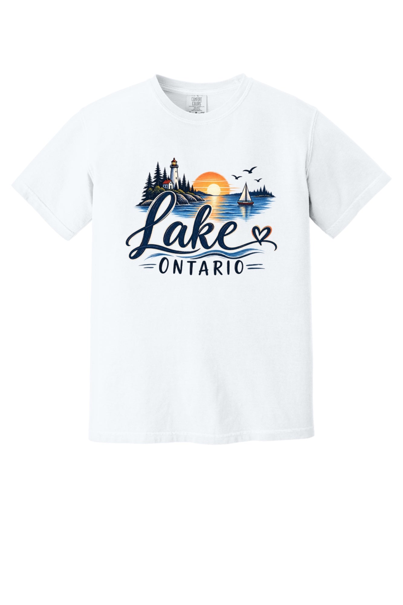 Lake Ontario lighthouse sunset sailboat graphic tee, Lake America protest shirt, DTF printed on Comfort Colors 1717 in White