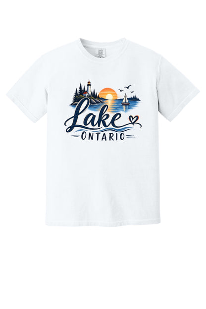 Lake Ontario lighthouse sunset sailboat graphic tee, Lake America protest shirt, DTF printed on Comfort Colors 1717 in White