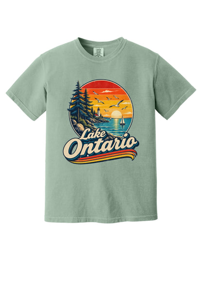 Lake Ontario vintage sunset lighthouse graphic tee with sailboats and seagulls, bold retro script design in Bay