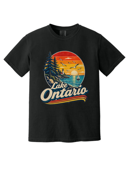Lake Ontario vintage sunset lighthouse graphic tee with sailboats and seagulls, bold retro script design in Black