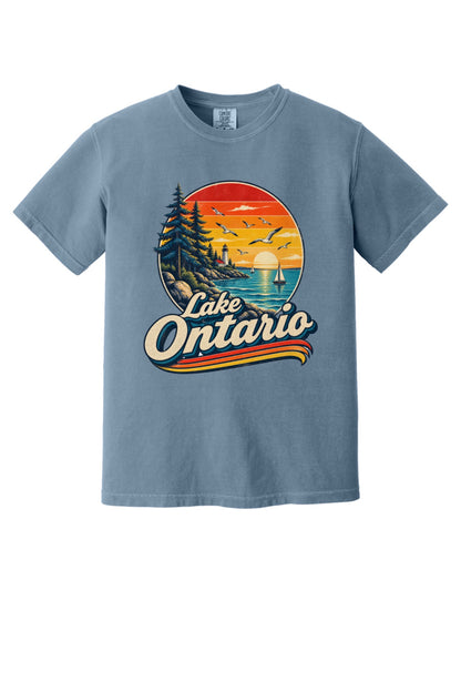 Lake Ontario vintage sunset lighthouse graphic tee with sailboats and seagulls, bold retro script design in Blue Jean