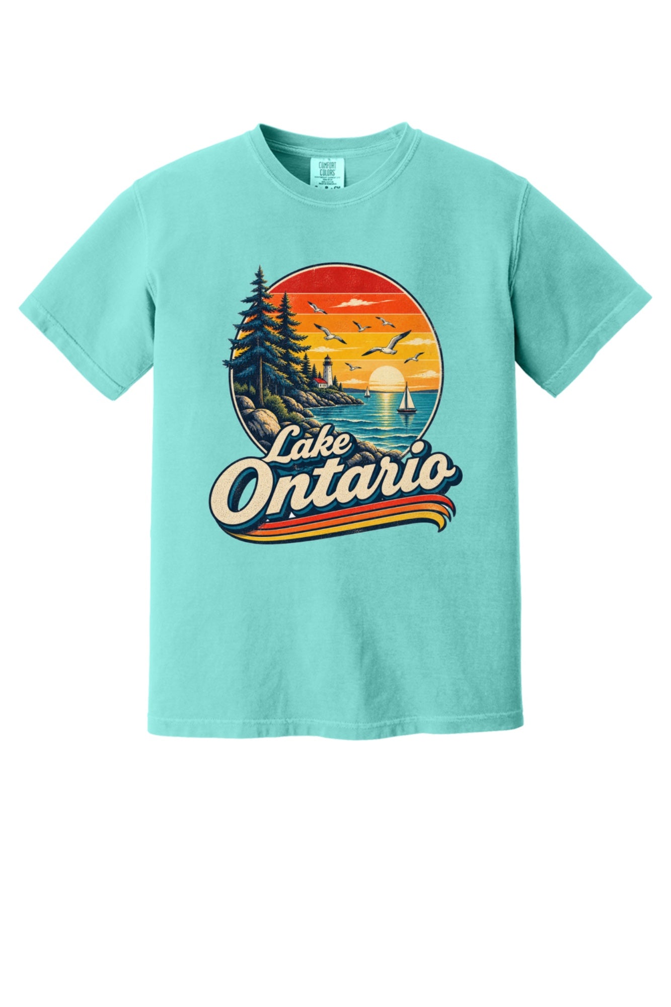 Lake Ontario vintage sunset lighthouse graphic tee with sailboats and seagulls, bold retro script design in Chalky Mint