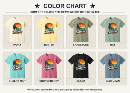 Lake Ontario vintage sunset lighthouse graphic tee with sailboats and seagulls, bold retro script design - available shirt colors chart