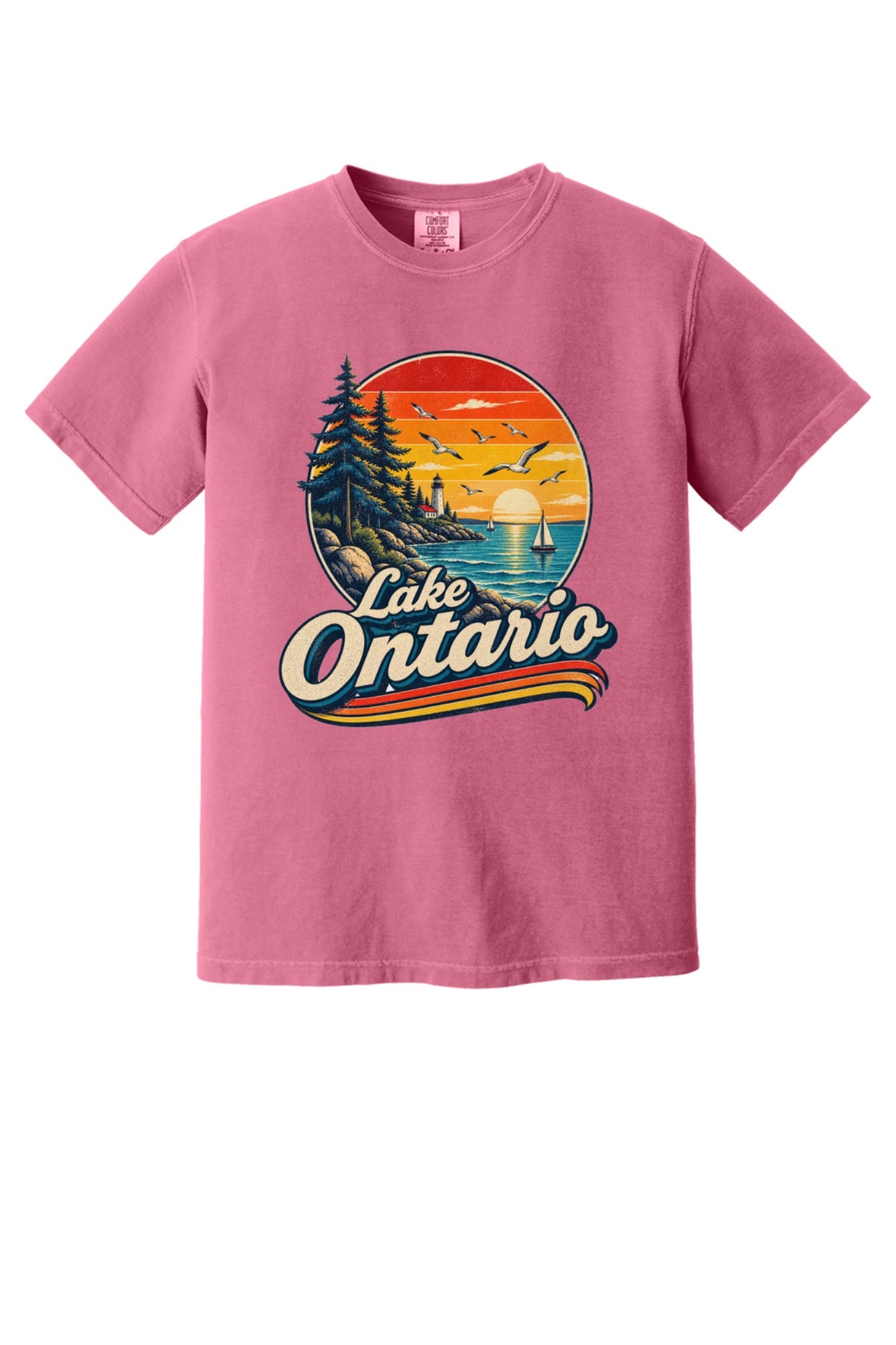 Lake Ontario vintage sunset lighthouse graphic tee with sailboats and seagulls, bold retro script design in Crunchberry