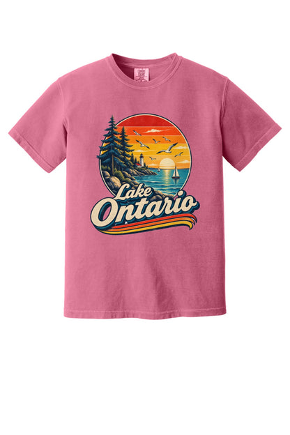 Lake Ontario vintage sunset lighthouse graphic tee with sailboats and seagulls, bold retro script design in Crunchberry
