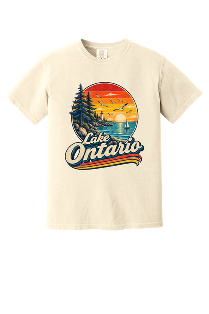 Lake Ontario vintage sunset lighthouse graphic tee with sailboats and seagulls, bold retro script design in Ivory