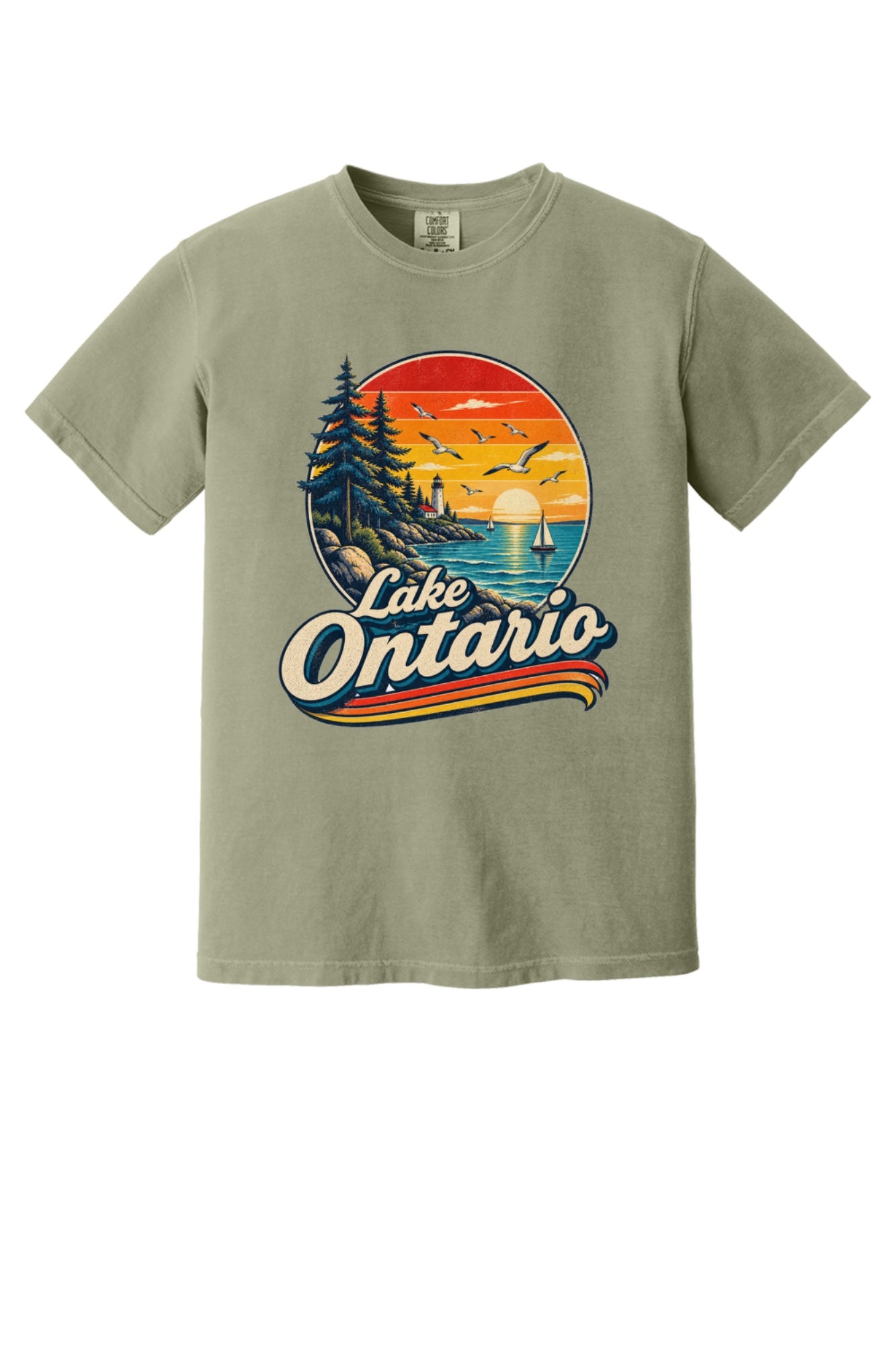 Lake Ontario vintage sunset lighthouse graphic tee with sailboats and seagulls, bold retro script design in Sandstone