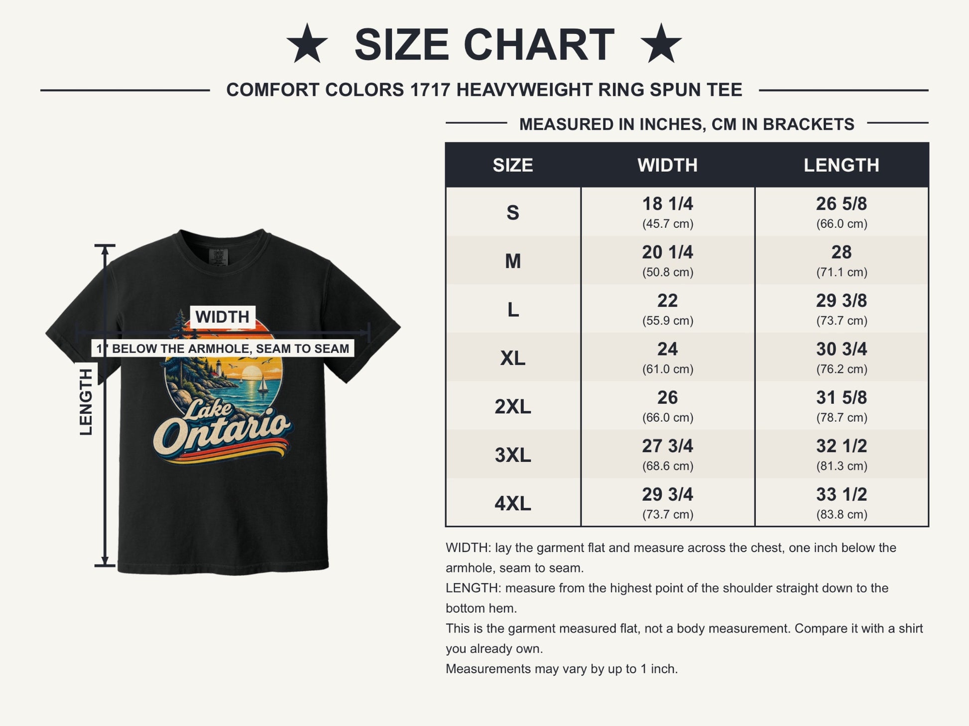Lake Ontario vintage sunset lighthouse graphic tee with sailboats and seagulls, bold retro script design - size chart