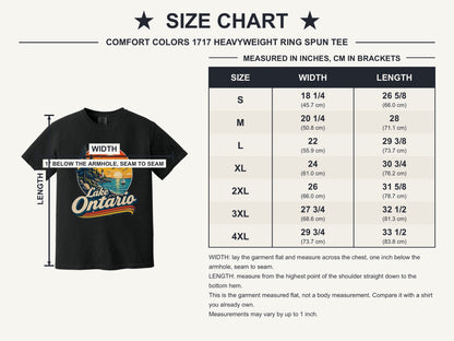 Lake Ontario vintage sunset lighthouse graphic tee with sailboats and seagulls, bold retro script design - size chart