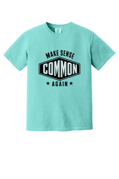 Make Sense Common Again black and white badge graphic printed on Comfort Colors heavyweight tee in Chalky Mint
