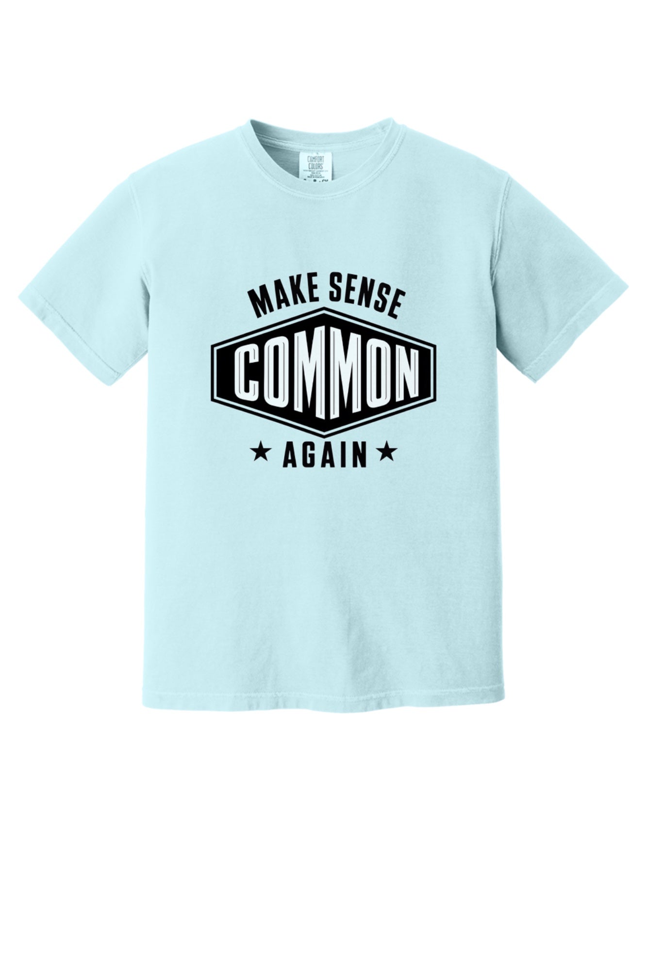 Make Sense Common Again black and white badge graphic printed on Comfort Colors heavyweight tee in Chambray
