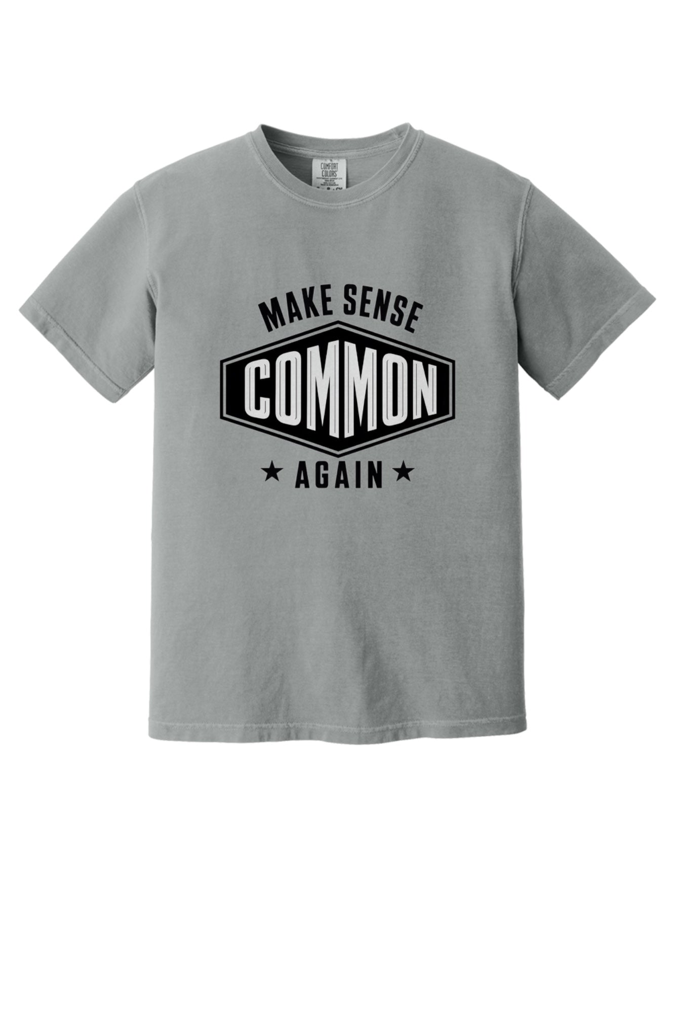 Make Sense Common Again black and white badge graphic printed on Comfort Colors heavyweight tee in Granite