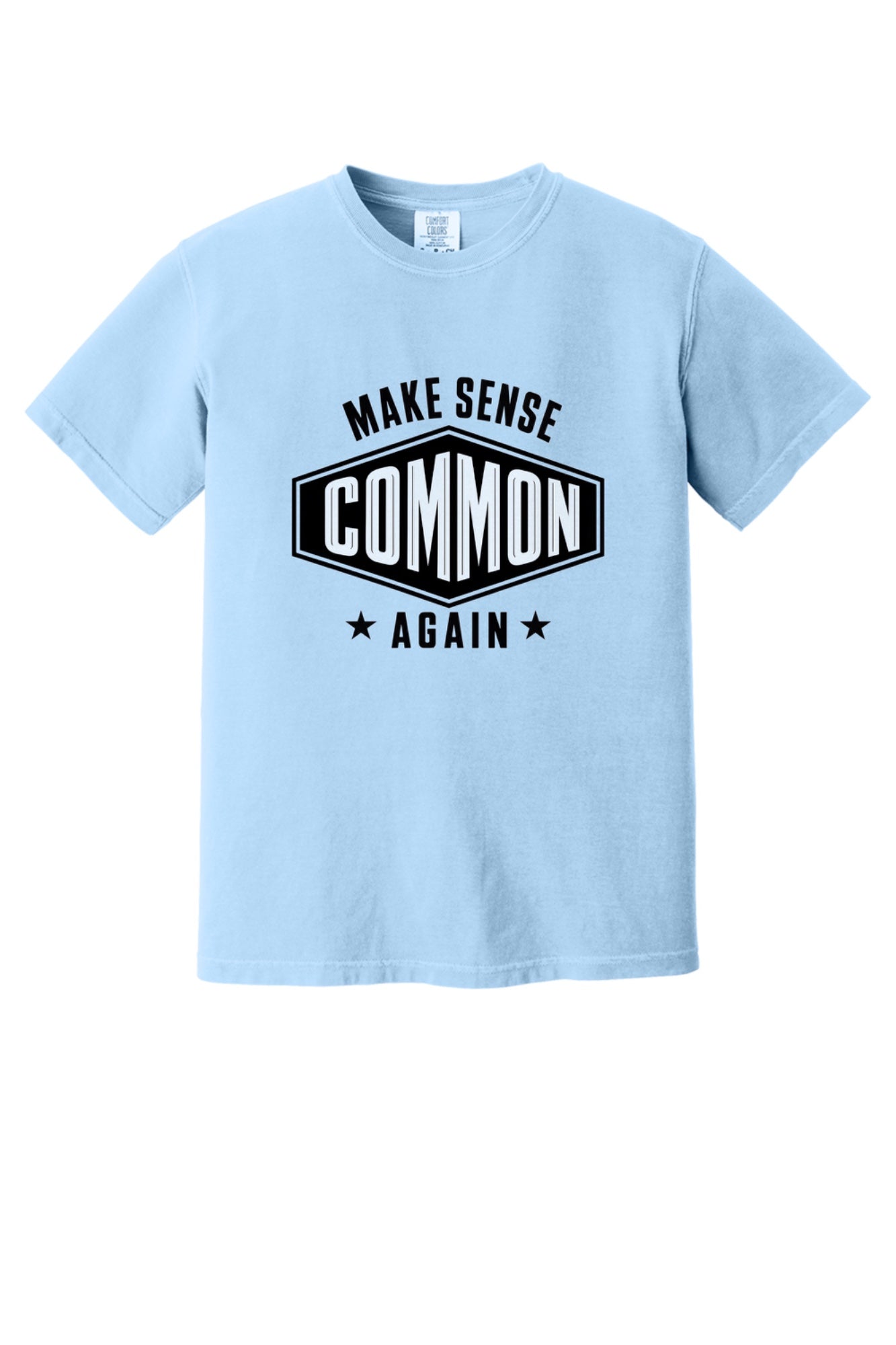 Make Sense Common Again black and white badge graphic printed on Comfort Colors heavyweight tee in Hydrangea