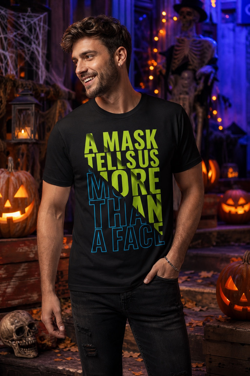 A Mask Tells Us More Than A Face Halloween graphic tee with lime green and cyan blue block typography print worn by a model