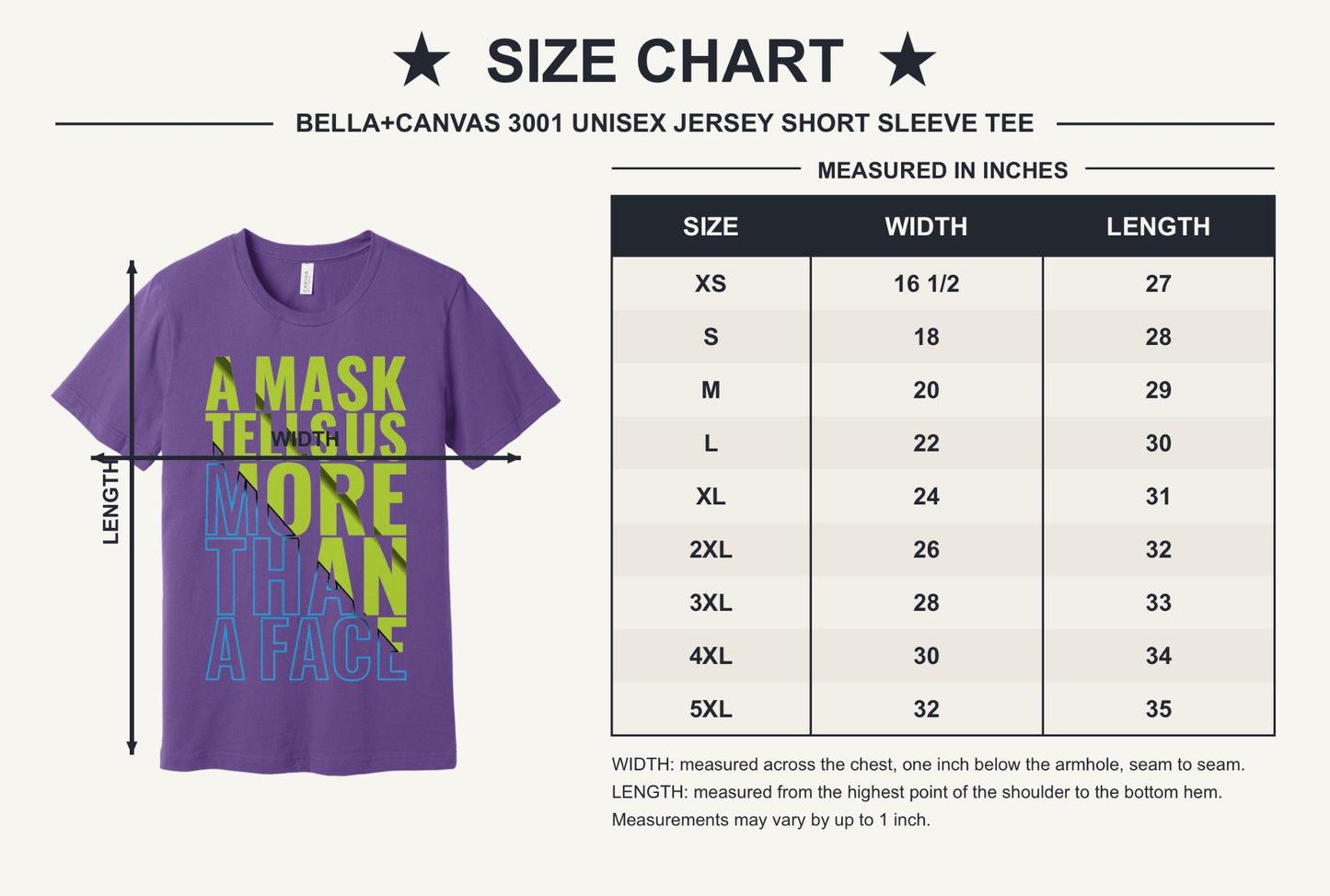 A Mask Tells Us More Than A Face Halloween graphic tee with lime green and cyan blue block typography print - size chart