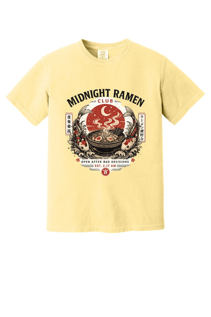 Midnight Ramen Club Open After Bad Decisions koi bowl graphic printed on a heavyweight garment-dyed tee in Butter