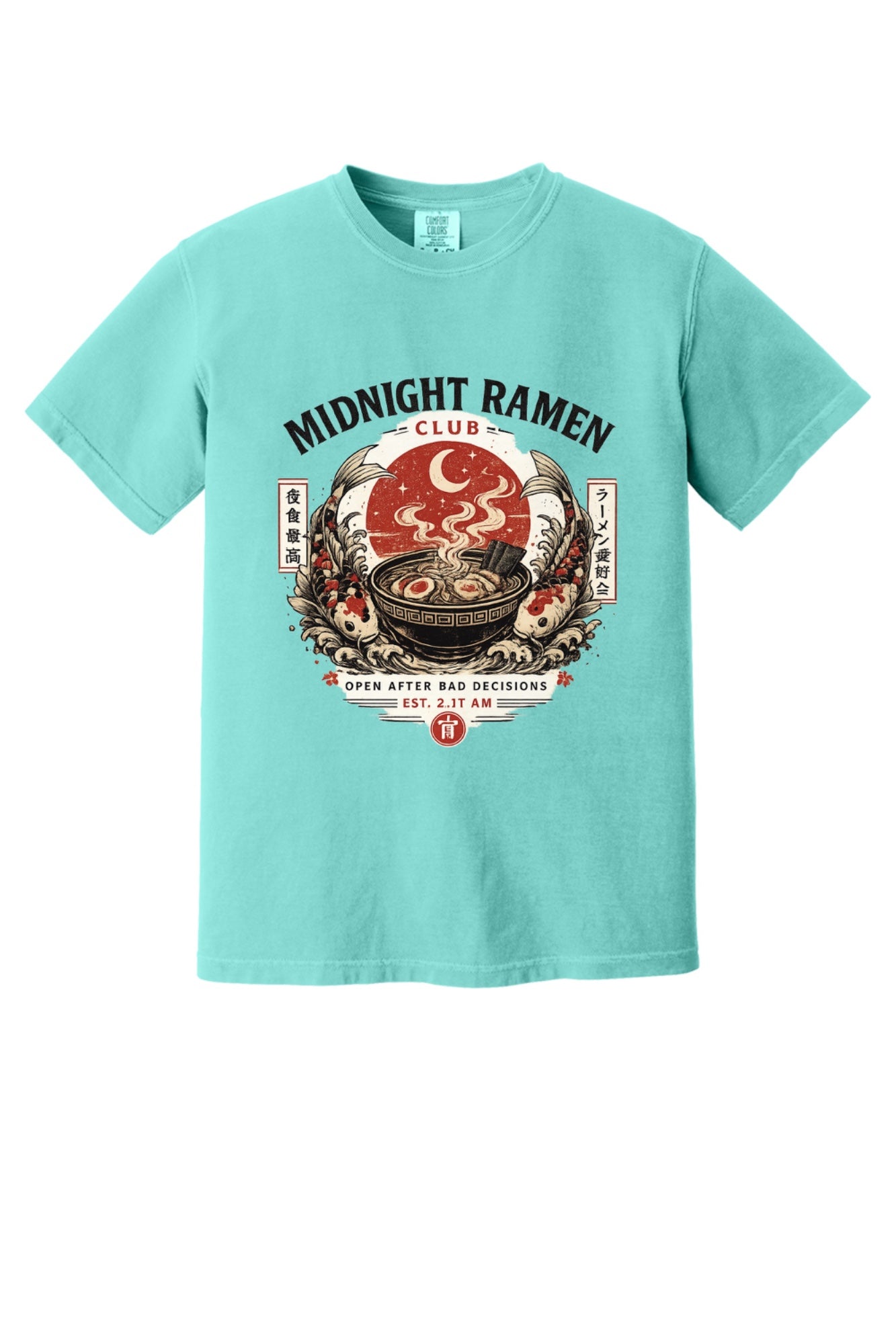 Midnight Ramen Club Open After Bad Decisions koi bowl graphic printed on a heavyweight garment-dyed tee in Chalky Mint
