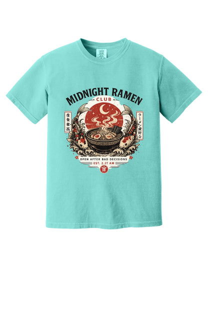 Midnight Ramen Club Open After Bad Decisions koi bowl graphic printed on a heavyweight garment-dyed tee in Chalky Mint
