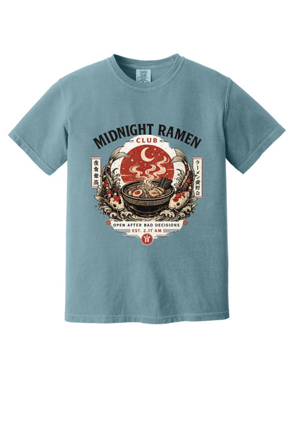 Midnight Ramen Club Open After Bad Decisions koi bowl graphic printed on a heavyweight garment-dyed tee in Ice Blue