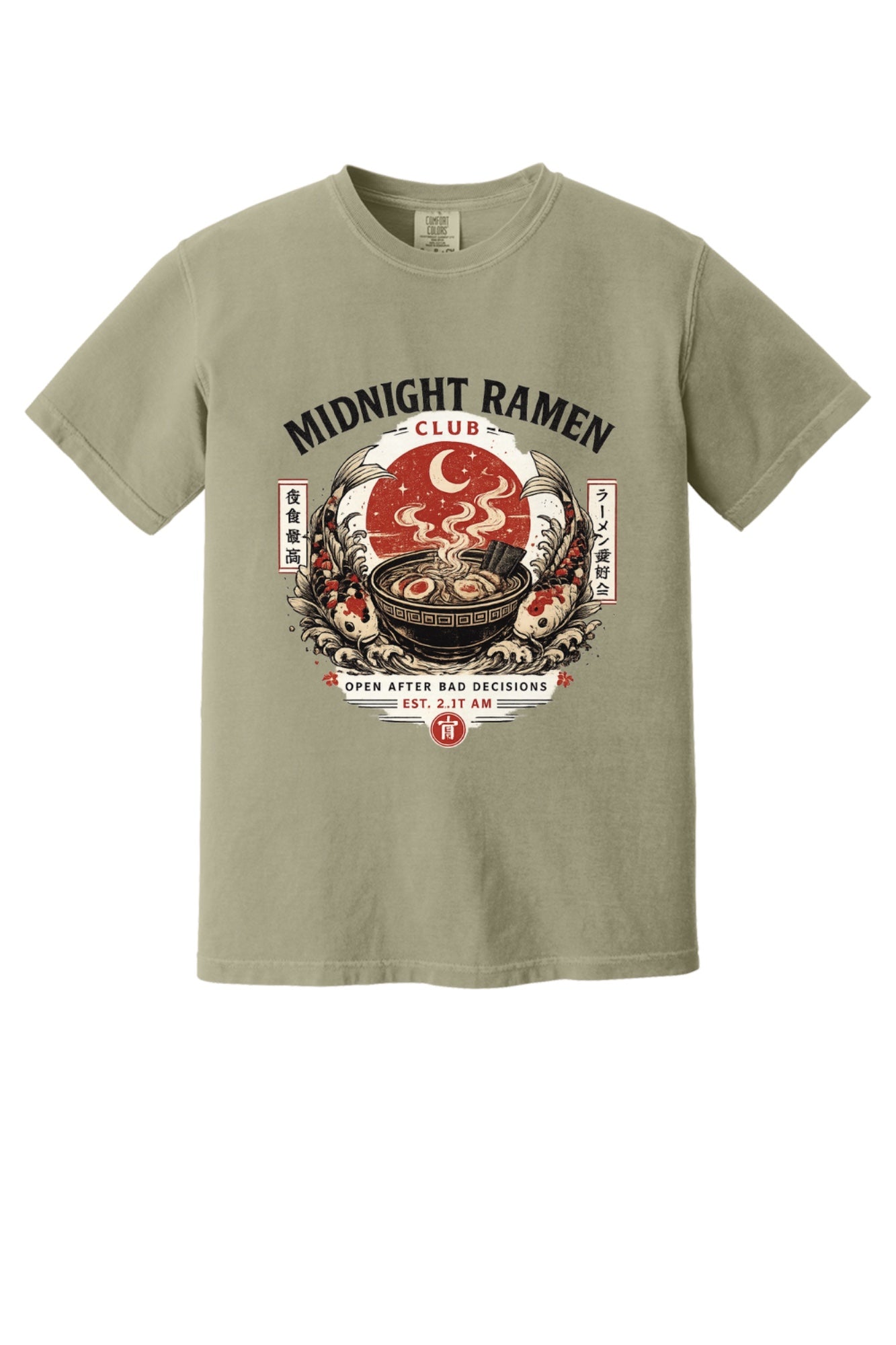 Midnight Ramen Club Open After Bad Decisions koi bowl graphic printed on a heavyweight garment-dyed tee in Khaki