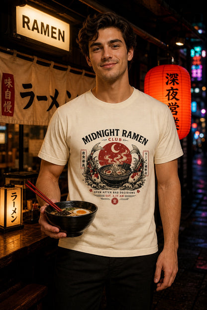 Midnight Ramen Club Open After Bad Decisions koi bowl graphic printed on a heavyweight garment-dyed tee worn by a model