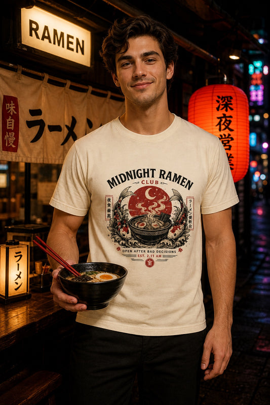 Midnight Ramen Club Open After Bad Decisions koi bowl graphic printed on a heavyweight garment-dyed tee worn by a model