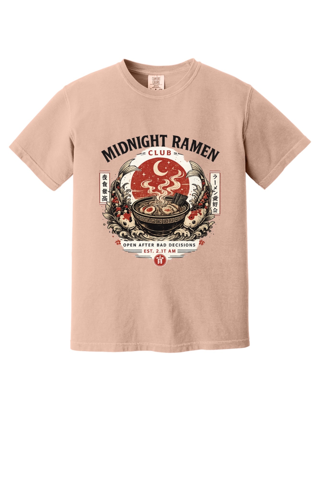 Midnight Ramen Club Open After Bad Decisions koi bowl graphic printed on a heavyweight garment-dyed tee in Peachy