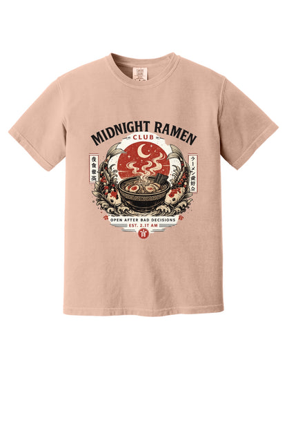 Midnight Ramen Club Open After Bad Decisions koi bowl graphic printed on a heavyweight garment-dyed tee in Peachy