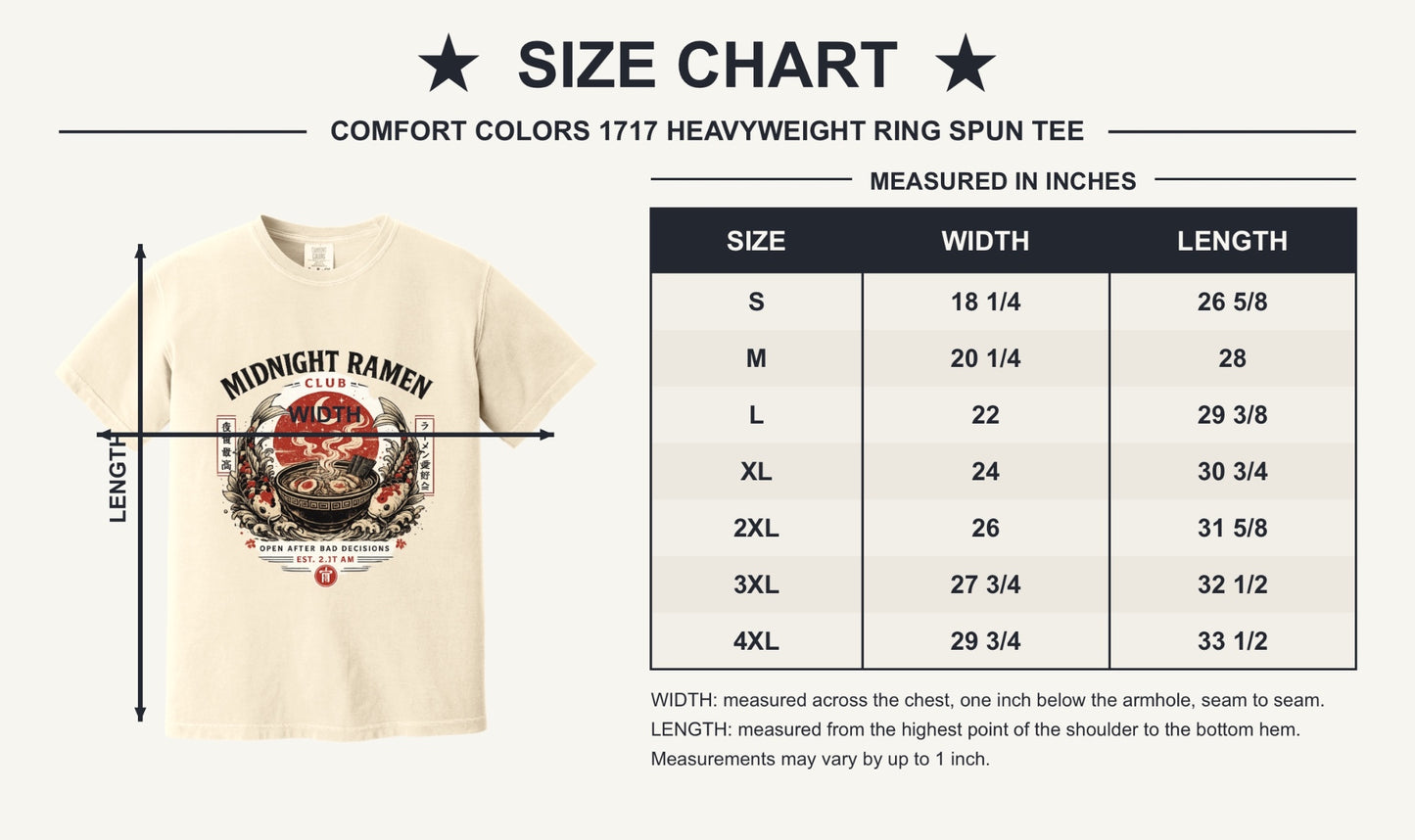 Midnight Ramen Club Open After Bad Decisions koi bowl graphic printed on a heavyweight garment-dyed tee - size chart