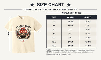 Midnight Ramen Club Open After Bad Decisions koi bowl graphic printed on a heavyweight garment-dyed tee - size chart
