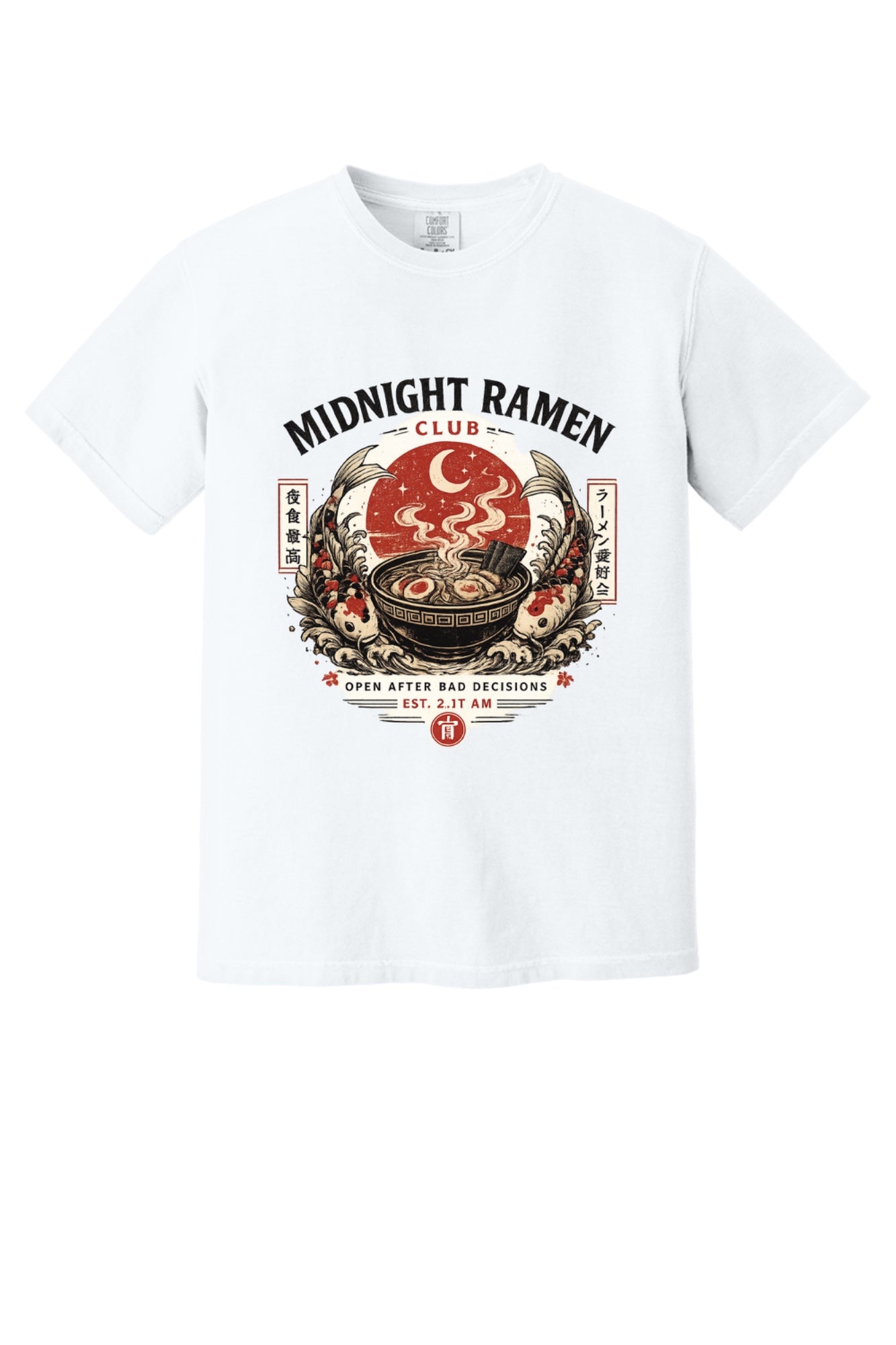 Midnight Ramen Club Open After Bad Decisions koi bowl graphic printed on a heavyweight garment-dyed tee in White