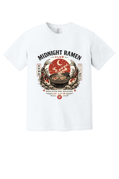 Midnight Ramen Club Open After Bad Decisions koi bowl graphic printed on a heavyweight garment-dyed tee in White