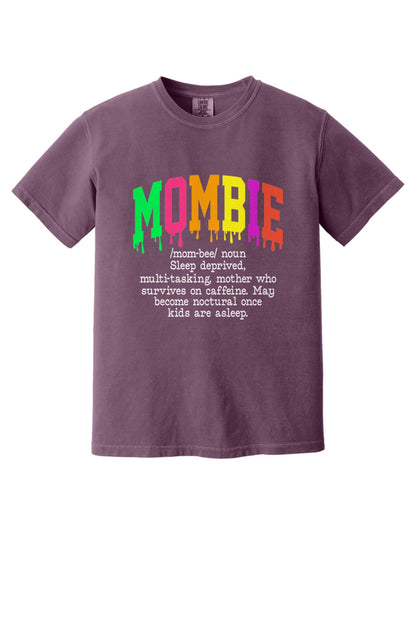 Mombie dripping neon varsity letters Halloween graphic tee on Comfort Colors heavyweight shirt in Berry