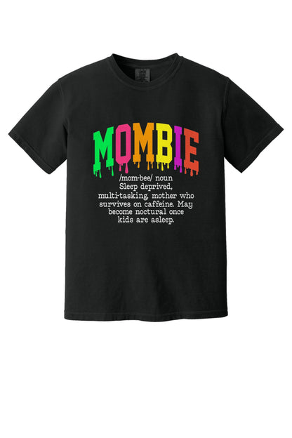 Mombie dripping neon varsity letters Halloween graphic tee on Comfort Colors heavyweight shirt in Black