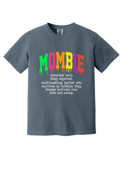 Mombie dripping neon varsity letters Halloween graphic tee on Comfort Colors heavyweight shirt in Denim