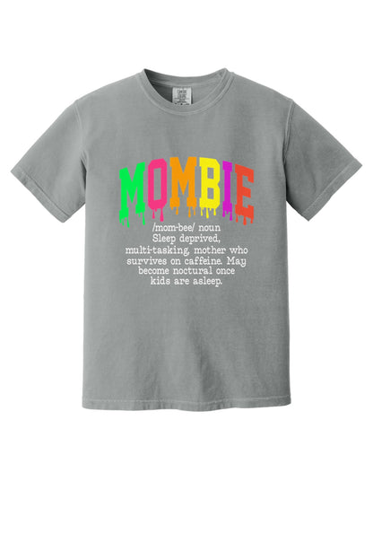 Mombie dripping neon varsity letters Halloween graphic tee on Comfort Colors heavyweight shirt in Granite